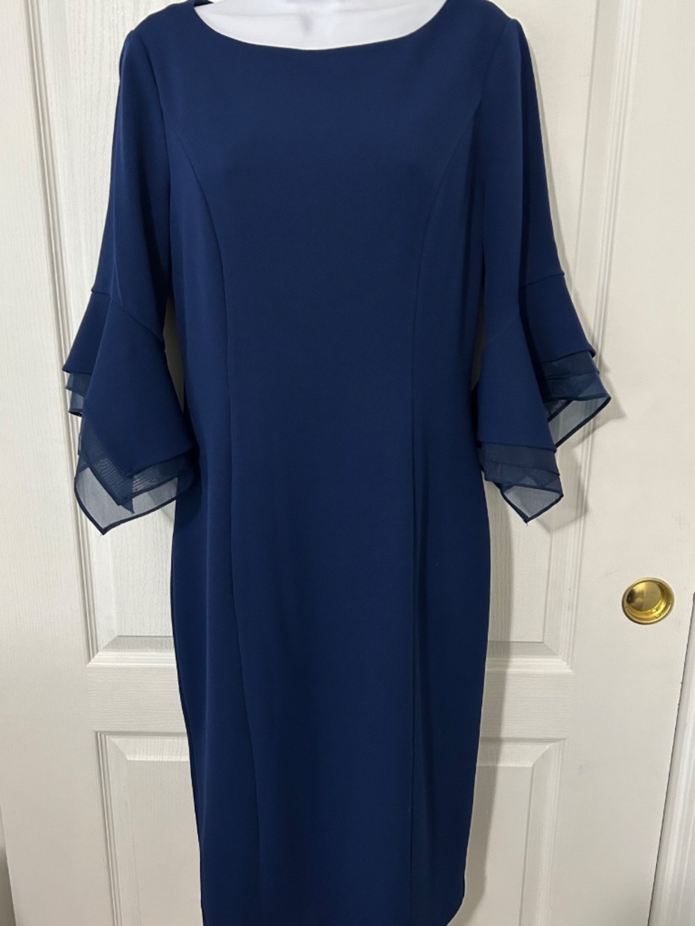 Adrianna Papell Dress Knit Crepe Bell Sleeve Sheath Navy Blue Size 10 NWOT